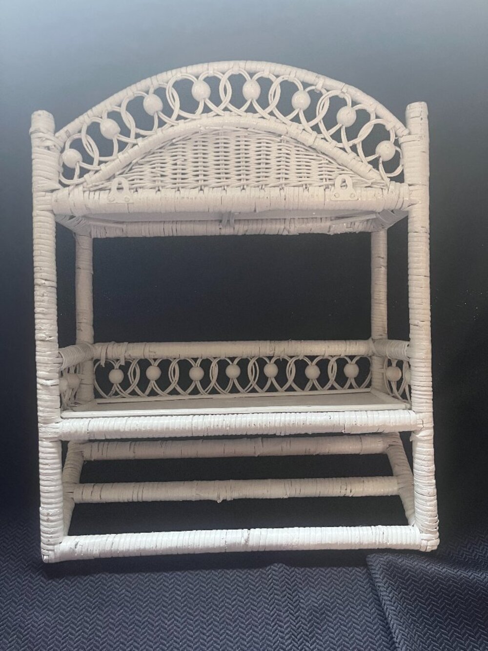 Vintage White Wicker Rattan 2 Tier Wall Shelf Boho Cottagecore Country Chic